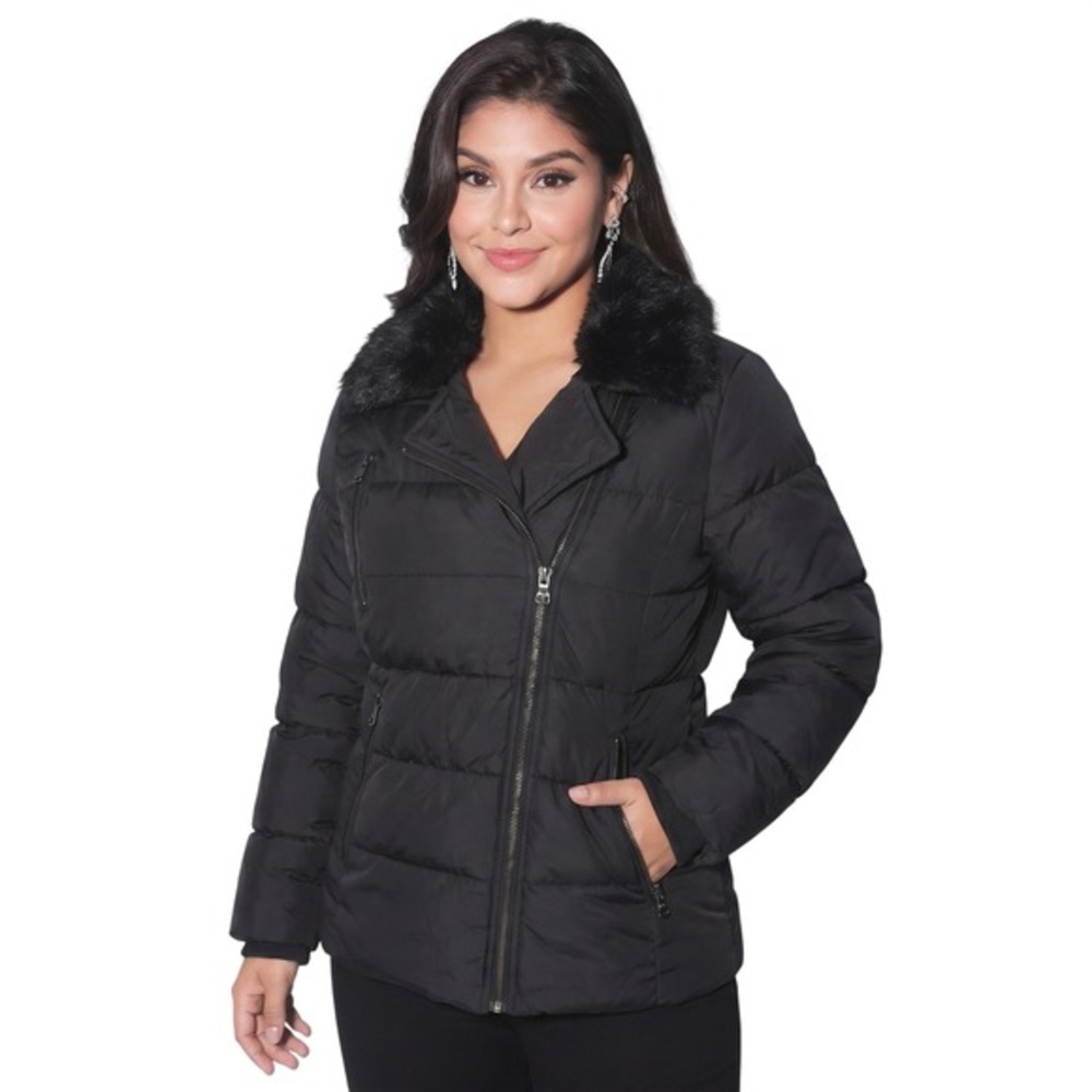 Jessica Simpson Womens Black Asymmetrical Zip Puffer Jacket Faux Fur Collar L